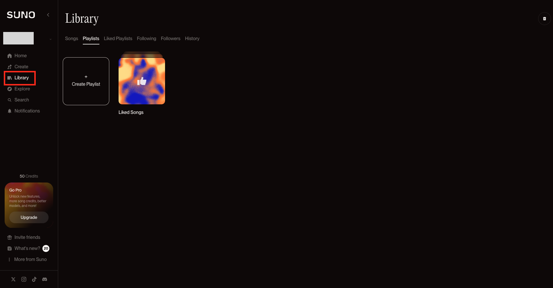 Suno AIトップ画面から「Library」