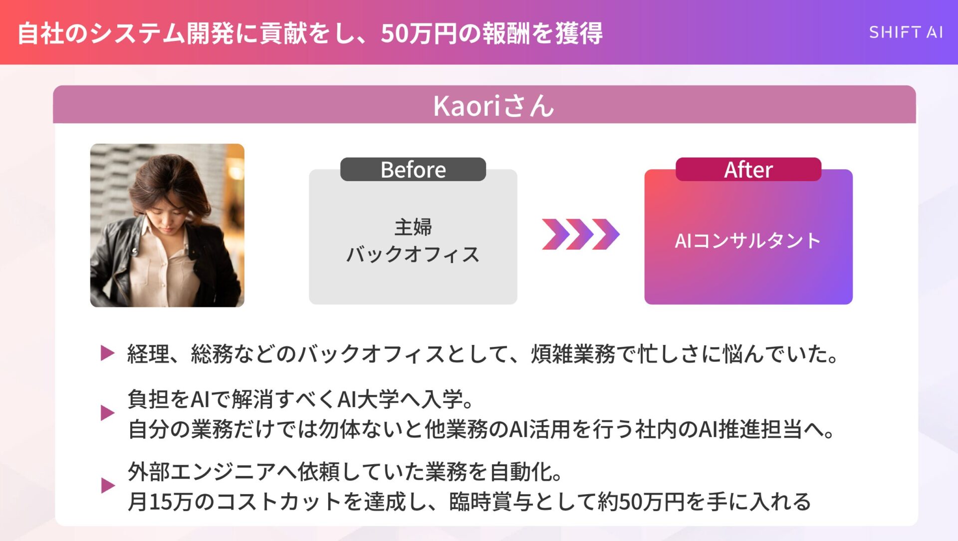 SHIFT AIに入会して、AIマネージャーとして活動しているKaoriさんの事例