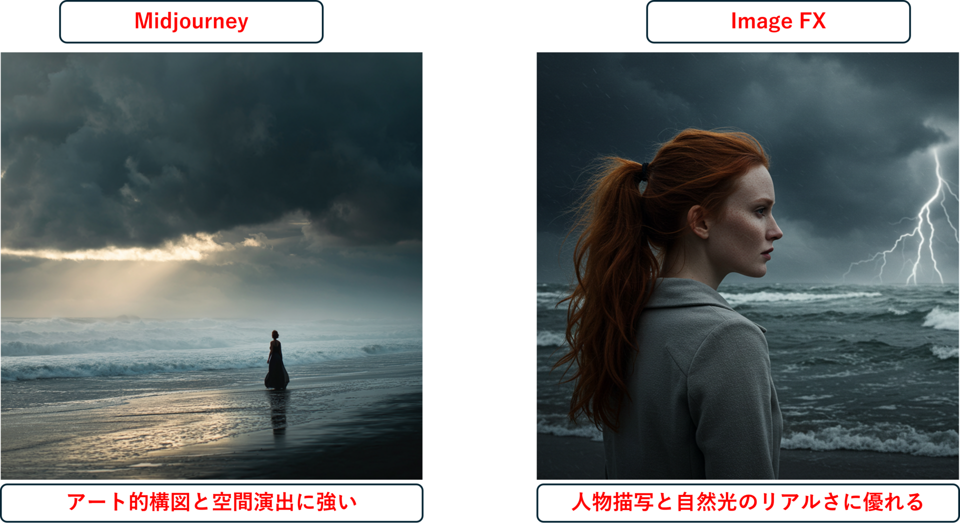 左：Midjourney（構図と光の演出が印象的）
右：ImageFX（人物描写や自然光の表現がリアルな画像）