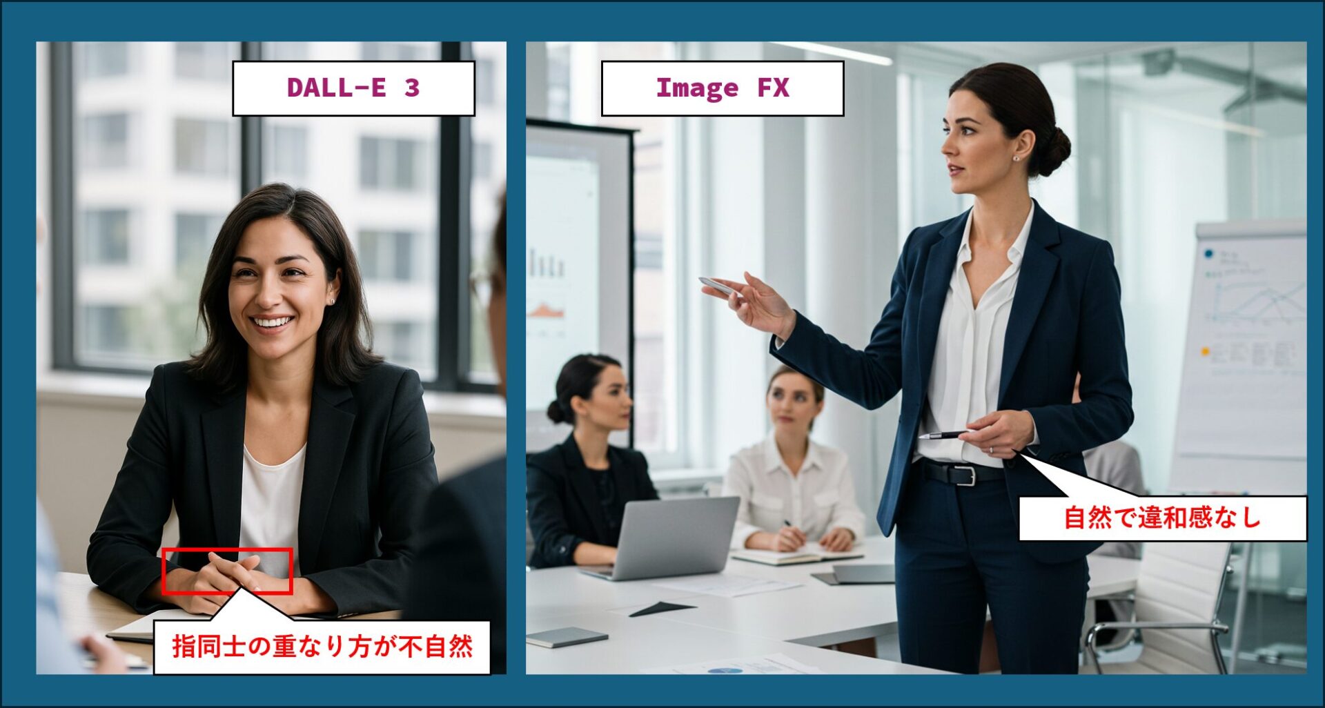 DALL-E 3とImageFXの人物画像比較。ImageFXは手指の表現や構図が自然で違和感が少ない