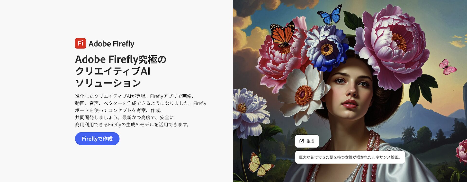 AdobeFireflyの公式サイトのトップページ画像