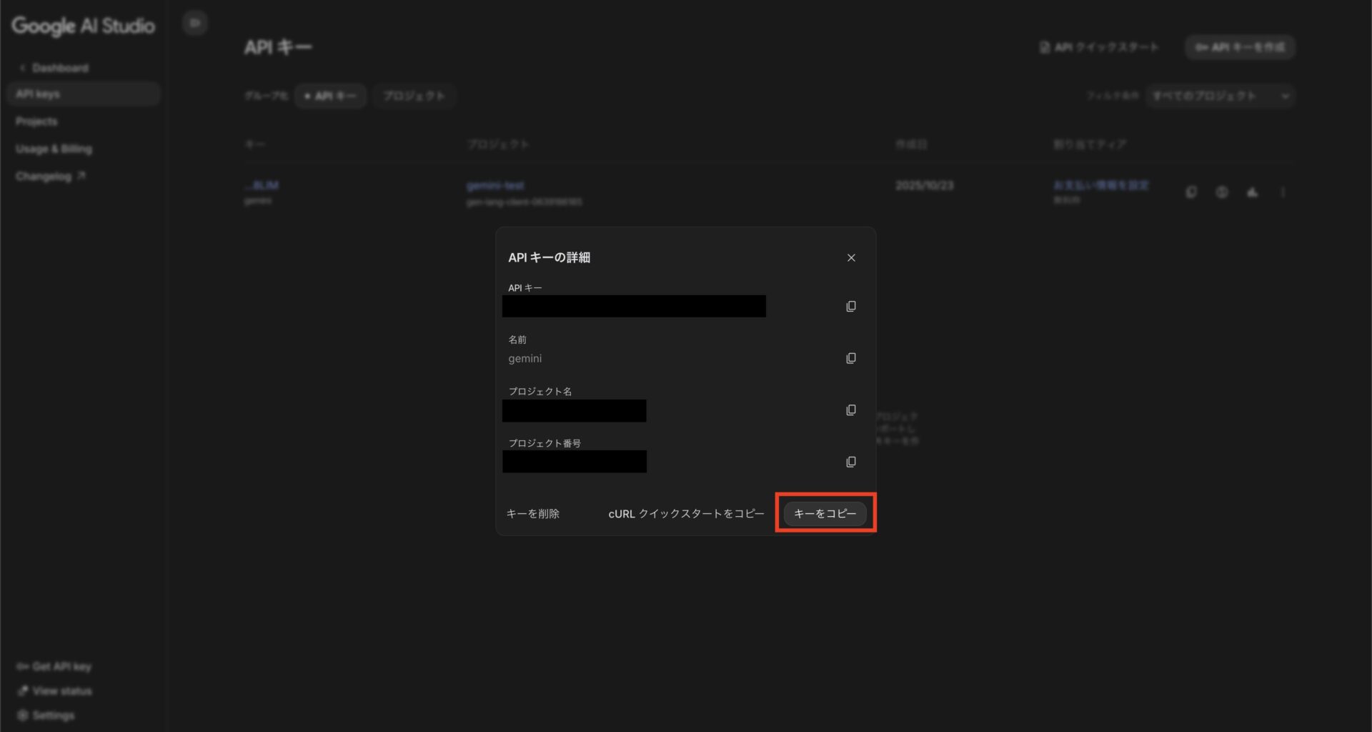 APIキーの詳細が表示されているポップアップでキーをコピーしている画面
