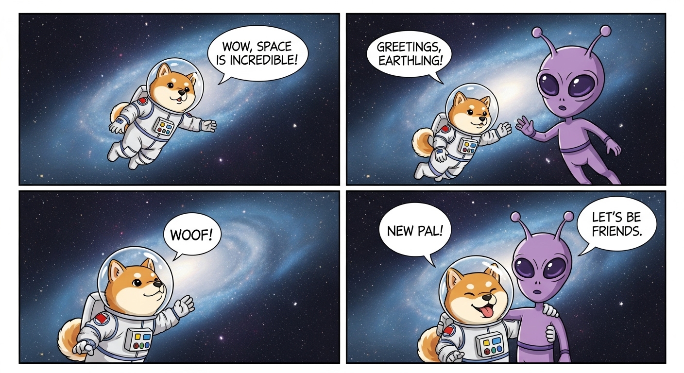 Imagen 4で生成した柴犬と宇宙人の物語の画像。セリフあり。