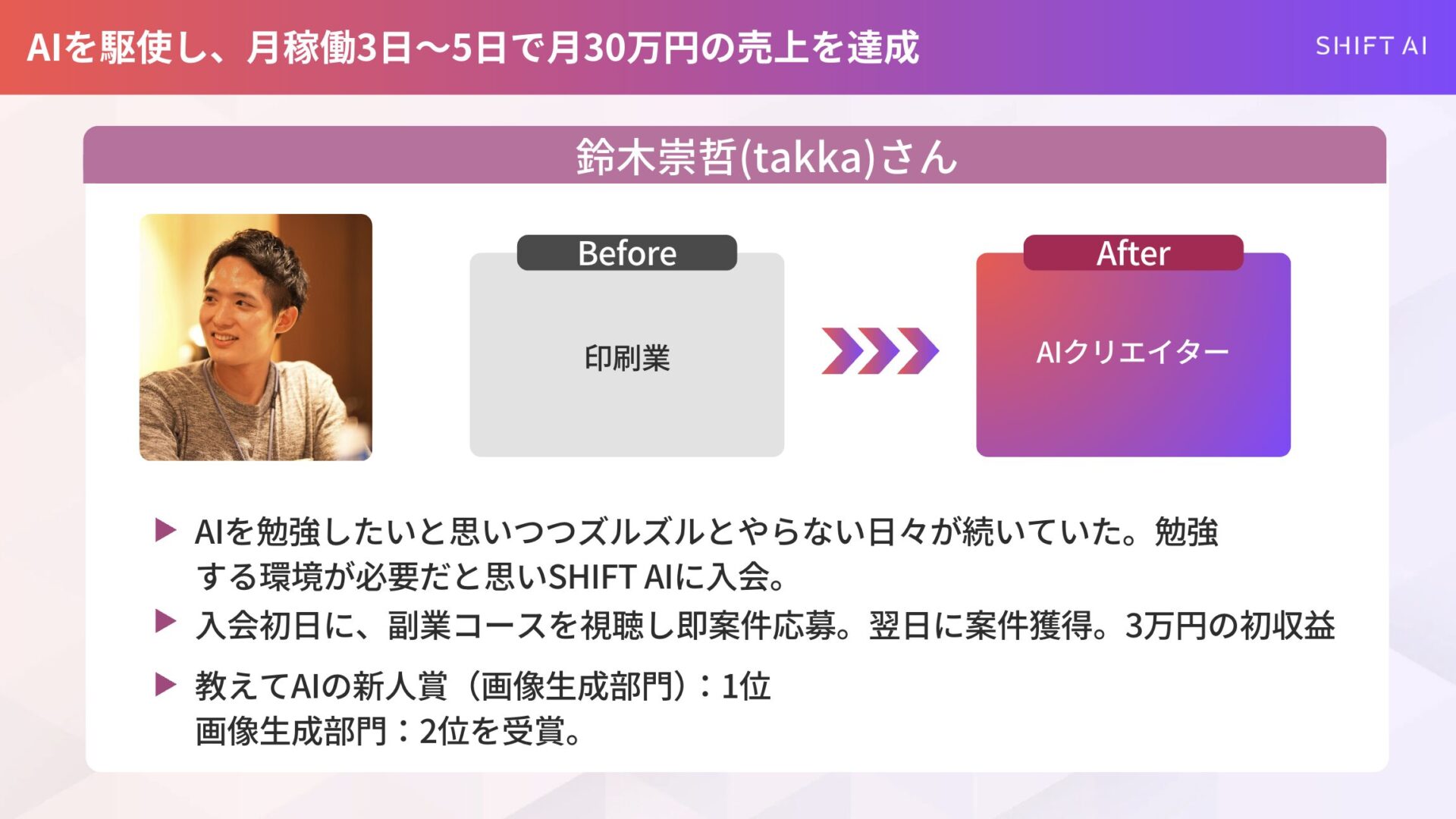 SHIFT AIに入会してAIクリエイター・アーティストとして実績を出したTakkaさんの図解