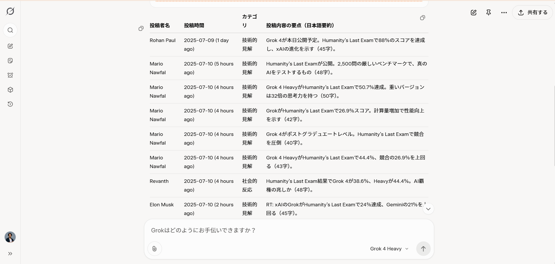 Grok 4でリアルタイム情報取得と自動要約ができることを示す画像