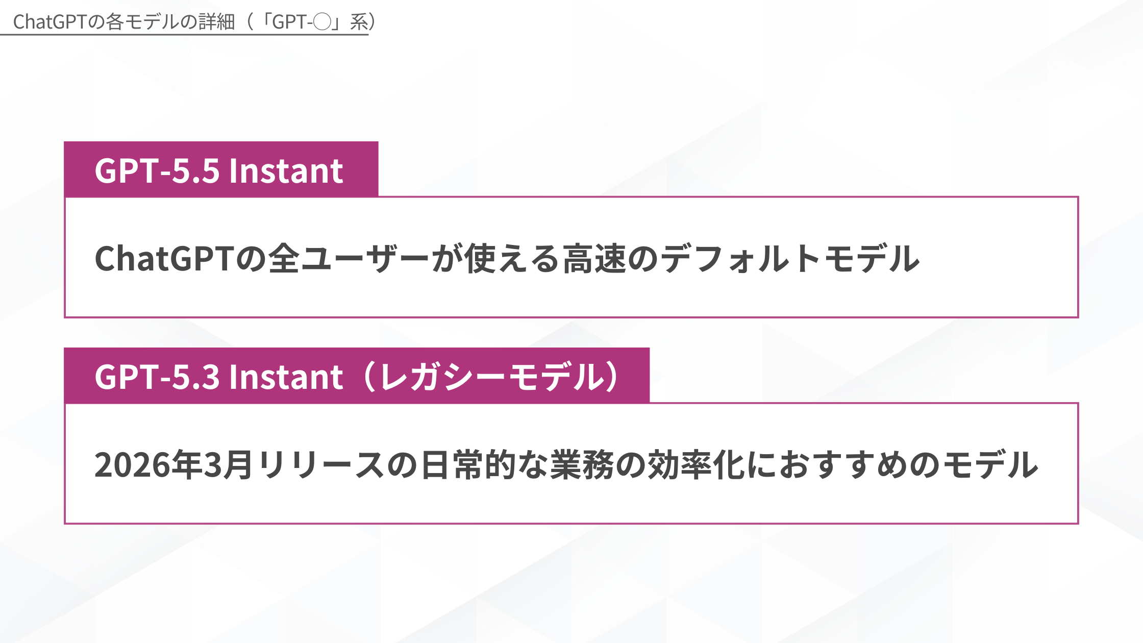 ChatGPTの各モデルの詳細(「GPT-◯」系)(GPT-5.5 Instant/GPT-5.3 Instant)