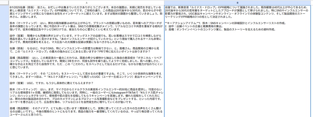 会議の文字起こしデータを要約した画像
