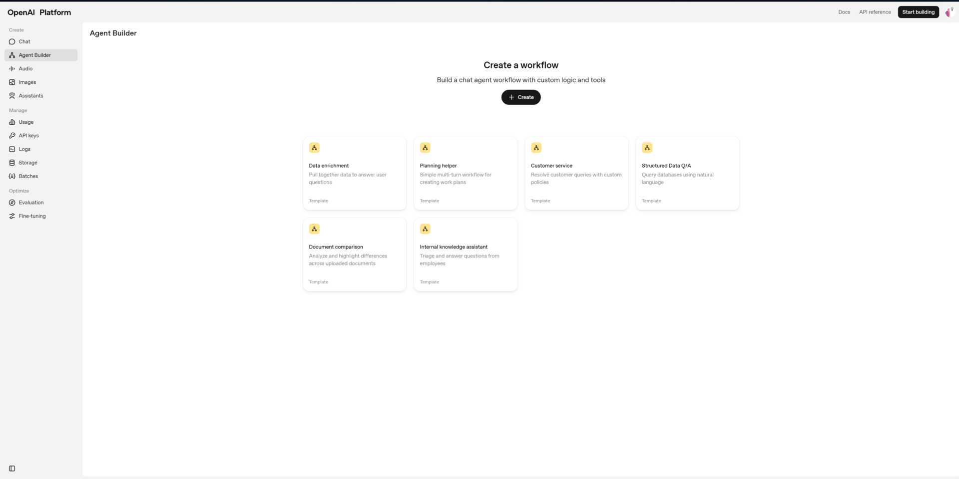 OpenAIのAgent Builderのトップページ