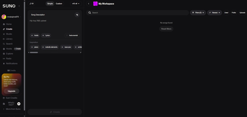 Suno AIでCreateを選択した画面