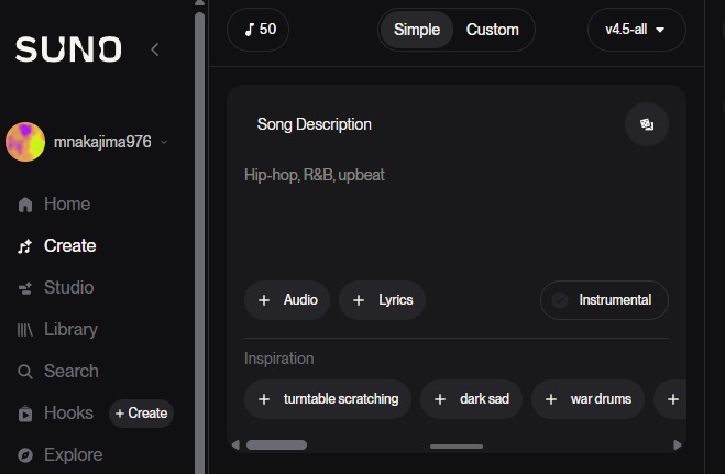 Suno AIでSimpleモードを選択した状態