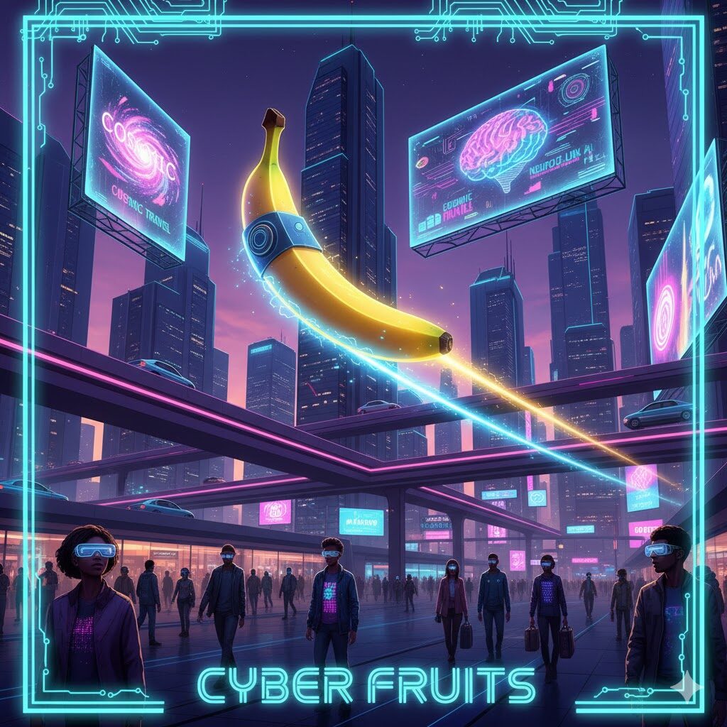 近未来都市とバナナ型AIロボットの生成例