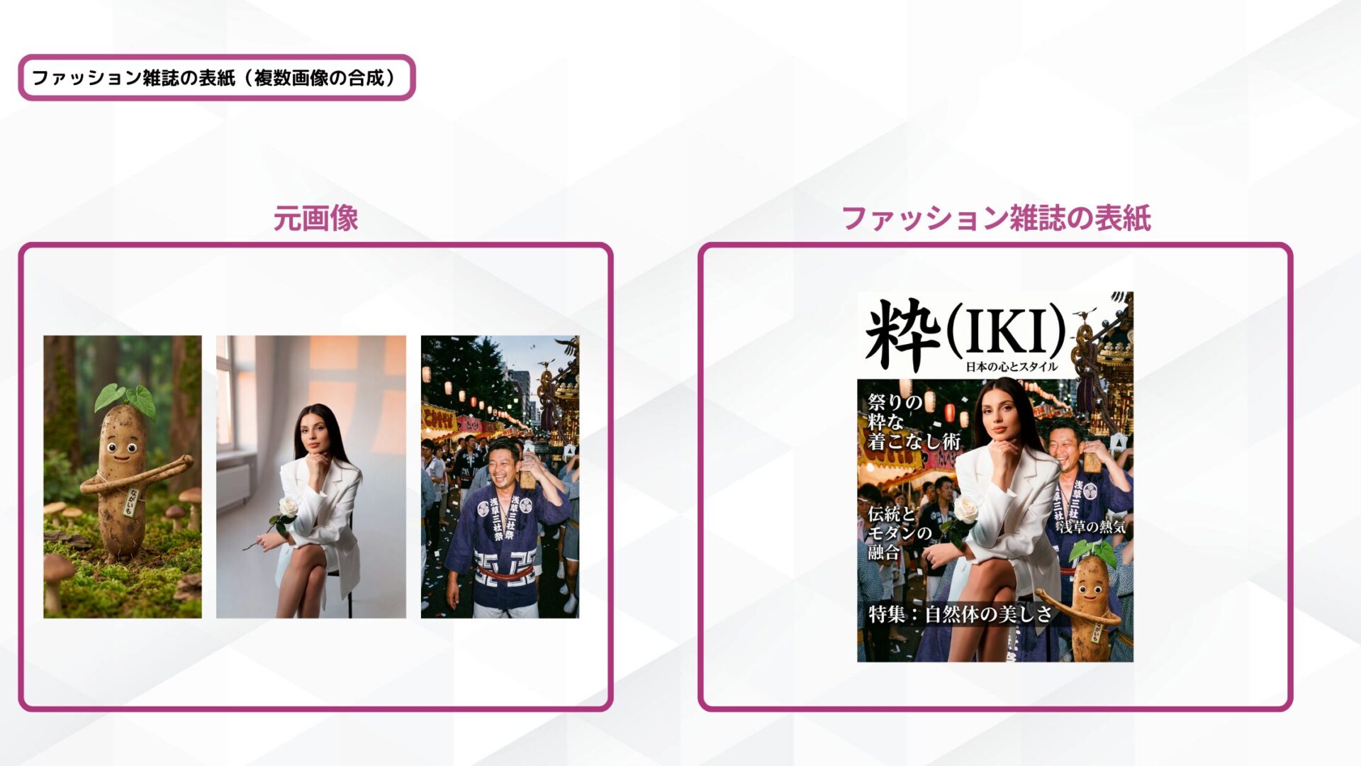 Nano Banana Proで3枚の画像を合成して生成した架空のファッション雑誌の表紙画像