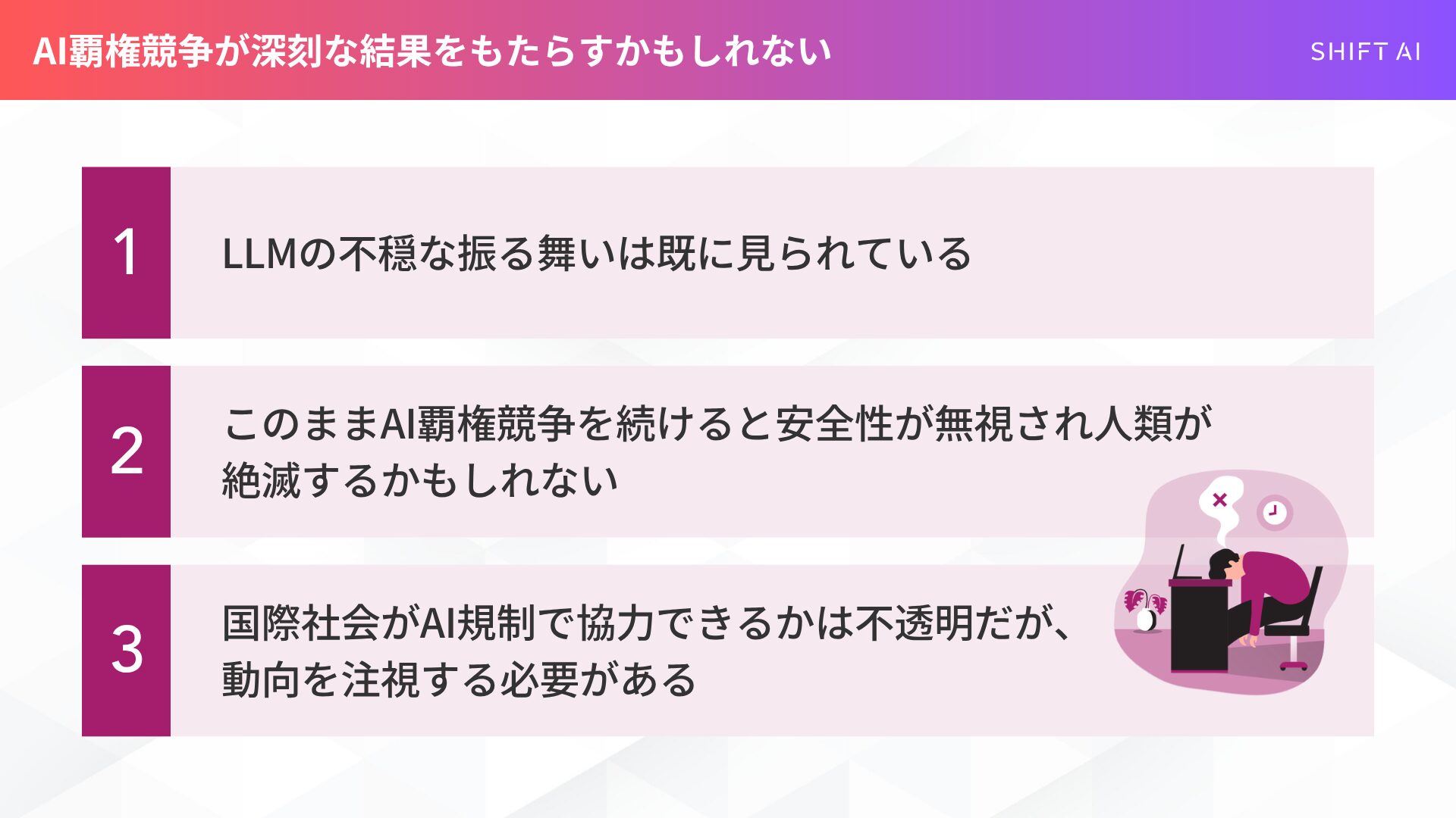 AI覇権競争が深刻な結果をもたらすかもしれない
LLMの不穏な振る舞いは既に見られている
このままAI覇権競争を続けると安全性が無視され人類が絶滅するかもしれない
国際社会がAI規制で協力できるかは不透明だが、動向を注視する必要がある