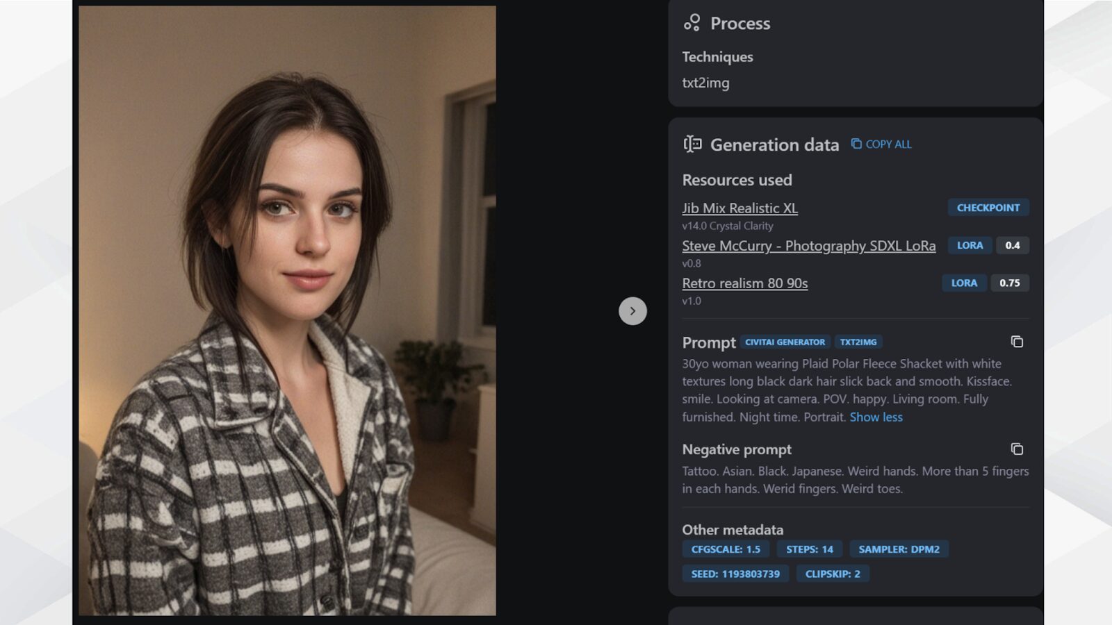 室内で微笑む女性のAI生成画像と、使用されたモデル（Jib Mix Realistic XL）やLoRA、プロンプト等の生成データ画面