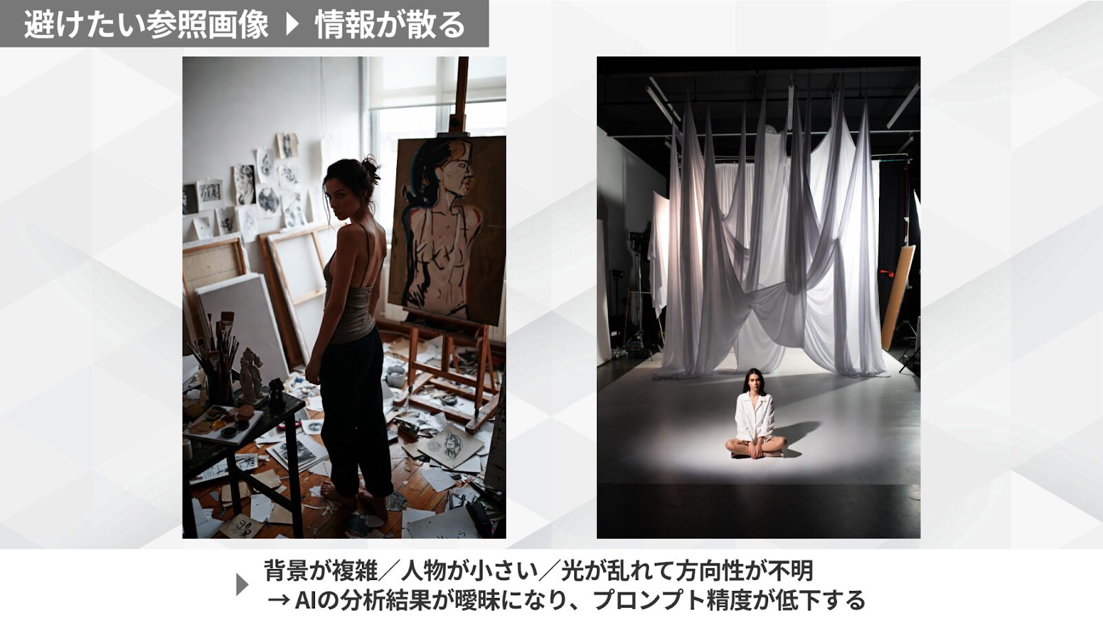 避けたい参照画像の例。背景が複雑で人物が小さく、光の情報も散らばっているためAIが分析しにくい写真2枚