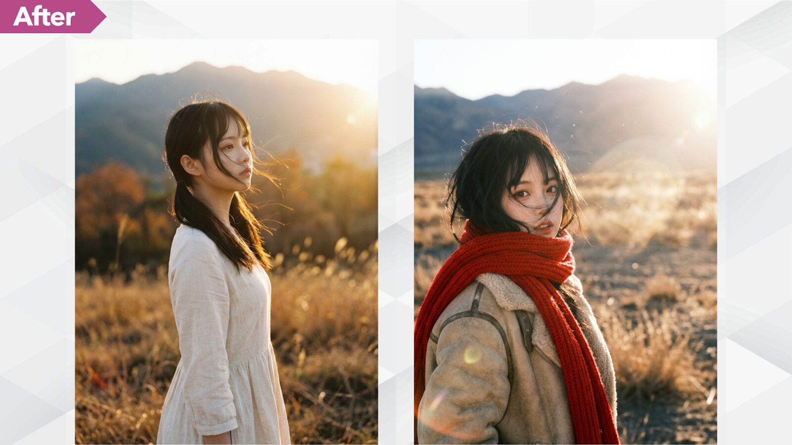 改善後の生成例（After）。一貫性のあるキャラクターとシネマティックな光で描かれた、秋の草原に立つ女性の画像2枚
