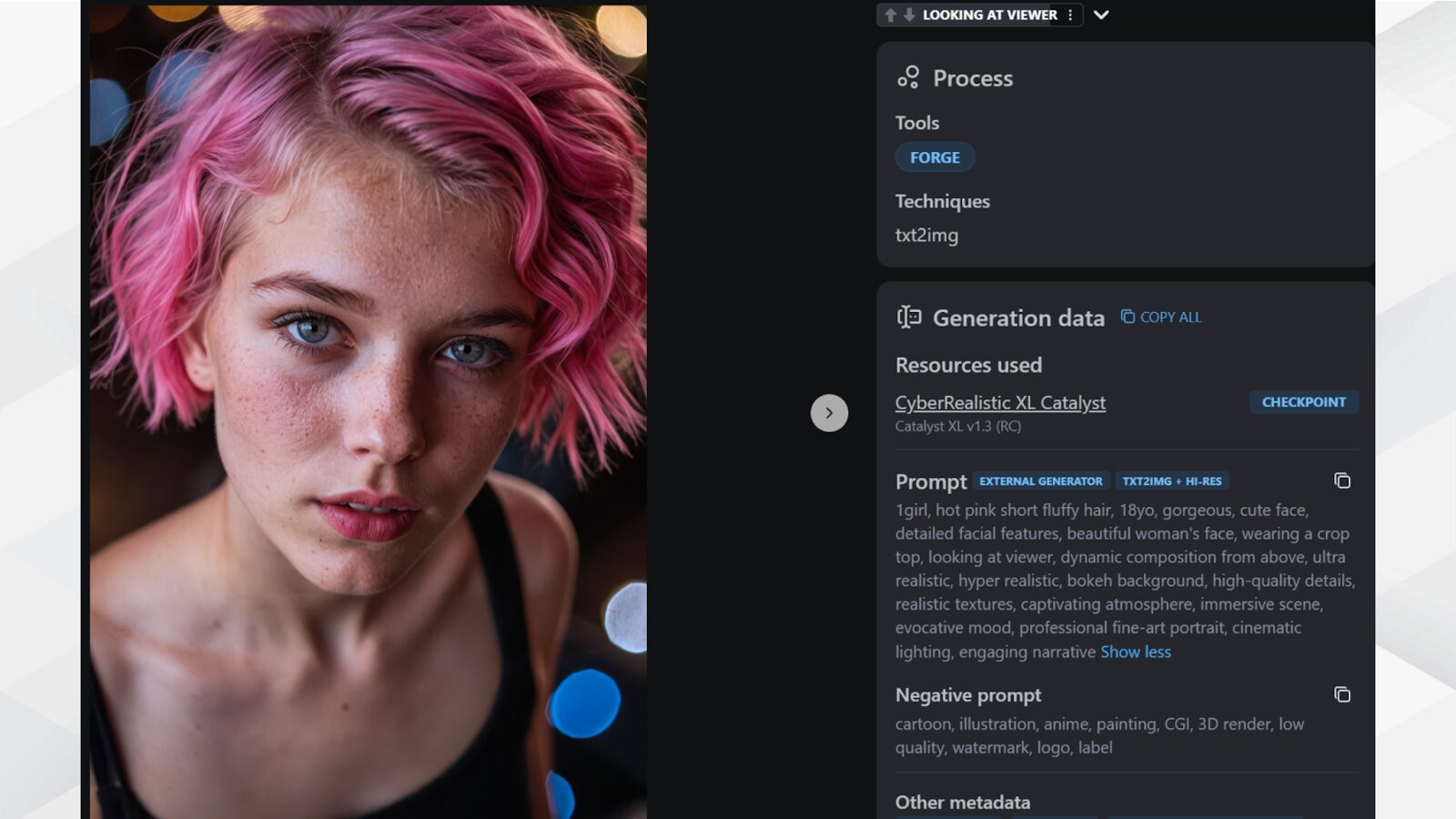 ピンク髪の女性のAI生成画像と、使用されたプロンプトやモデル（CyberRealistic XL）を含む生成データ画面の例