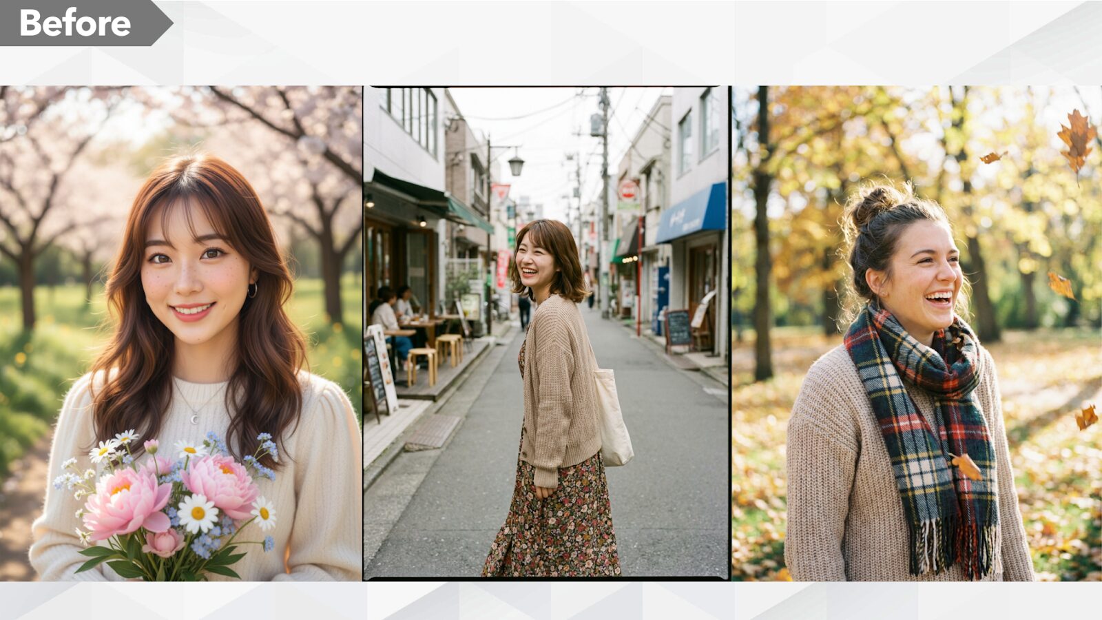 AI画像生成の統一感のない例（Before）。シチュエーションや人物の雰囲気がバラバラな3枚の女性スナップ写真