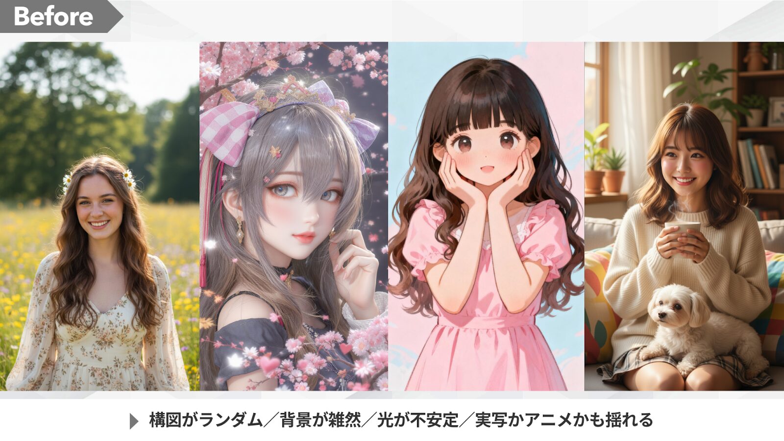 AI画像生成の不安定な例（Before）。実写とアニメ調が混在し、構図や背景もバラバラで画風が定まっていない画像4枚