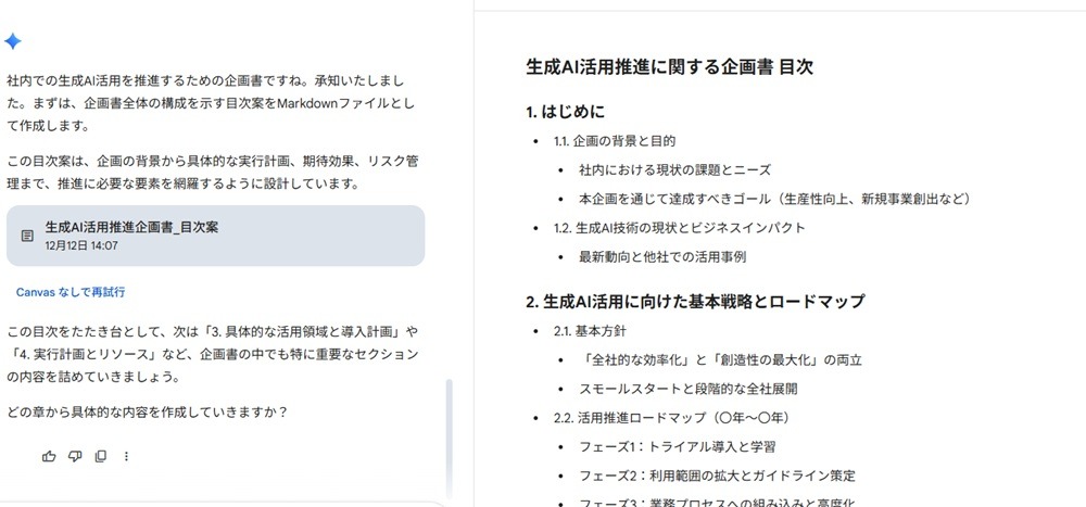 Geminiが生成したスライド構成案：「生成AI活用推進企画書」の目次テキスト