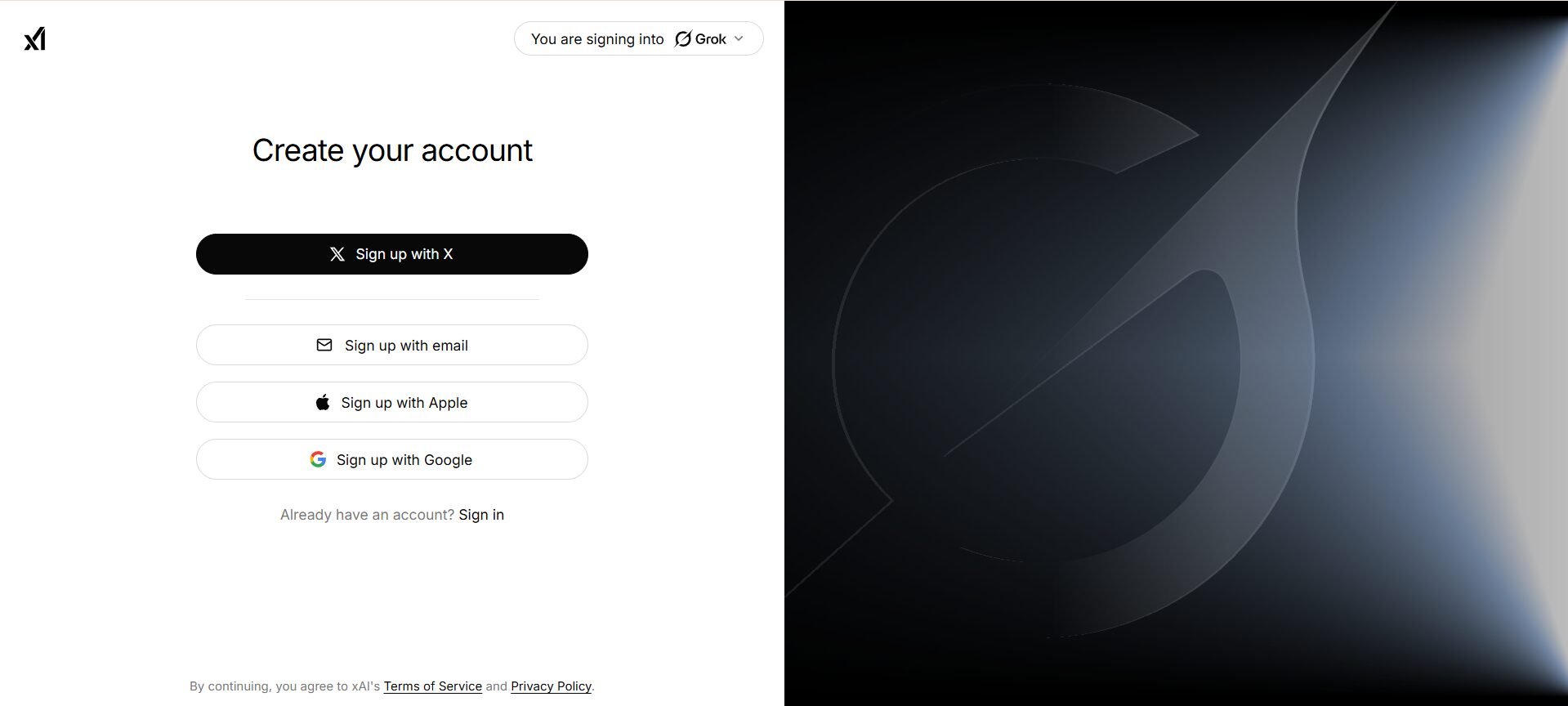 PCのGrokでアカウントを作成するサインアップ選択画面