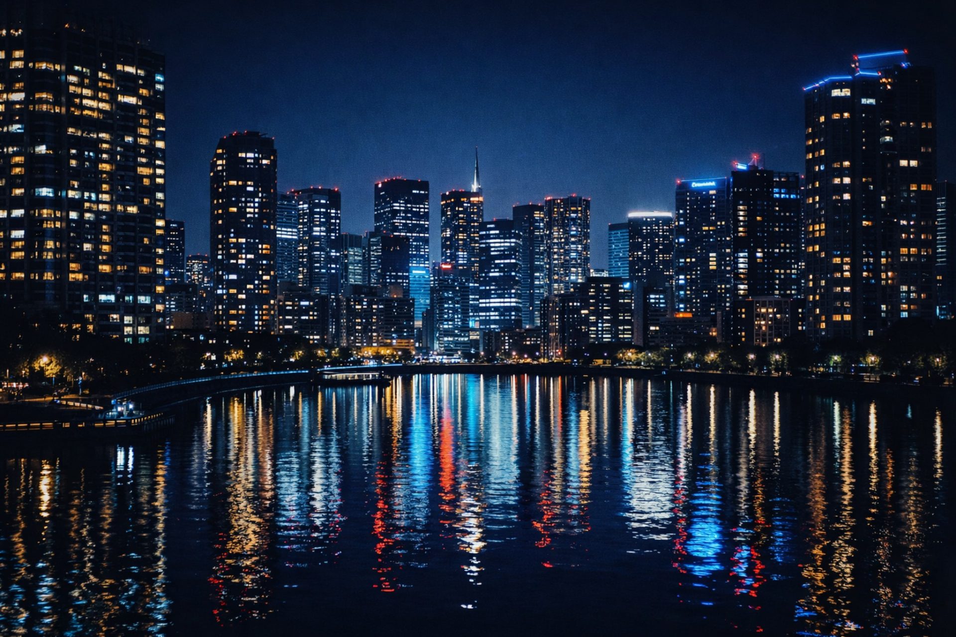 Lyria 3 Proの画像入力で使用した都会の夜景写真。ビル群のネオンが反射している