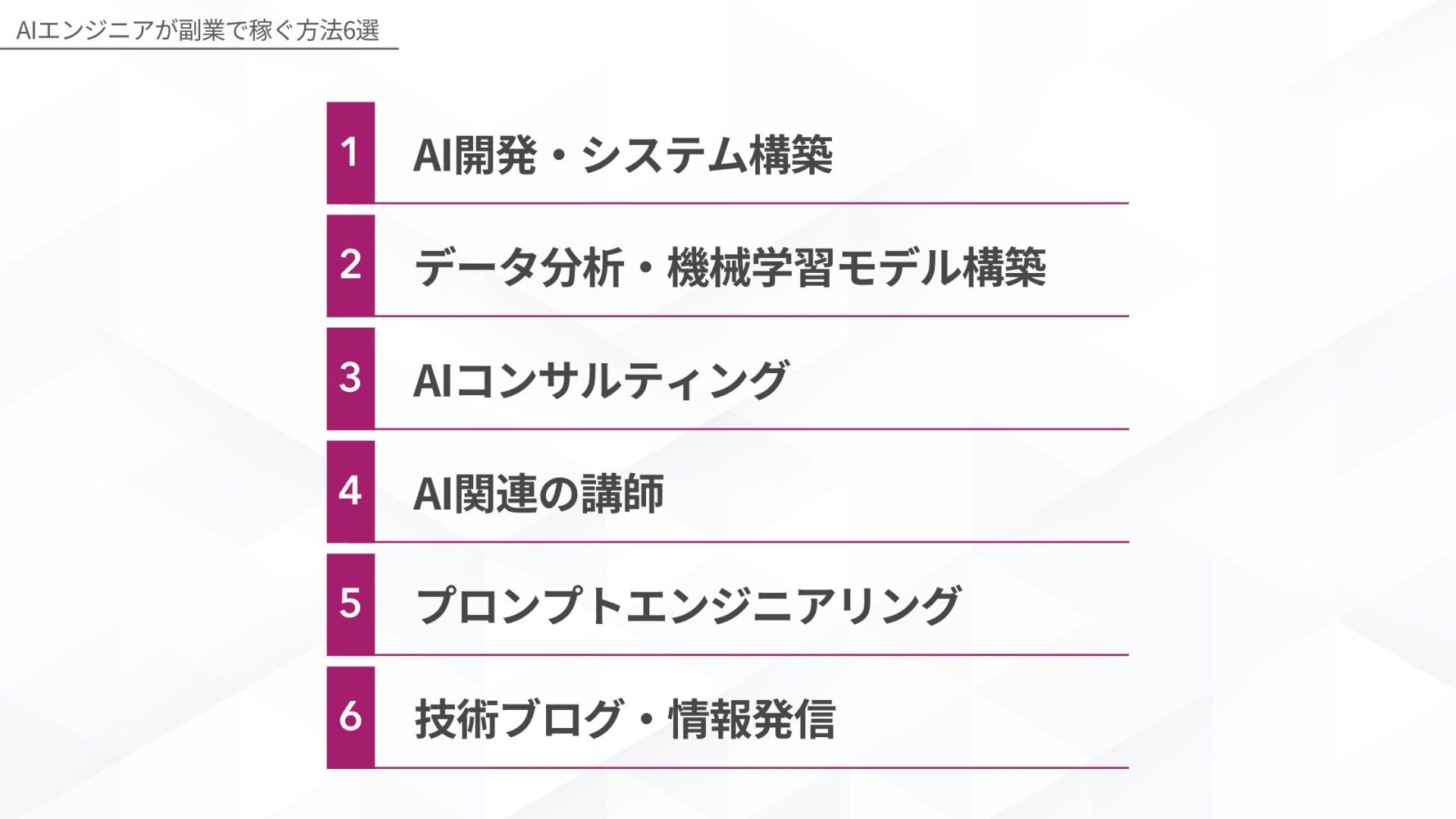 AIエンジニアが副業で稼ぐ方法6選:1.AI開発・システム構築 2.データ分析・機械学習モデル構築 3.AIコンサルティング 4.AI関連の講師 5.プロンプトエンジニアリング 6.技術ブログ・情報発信
