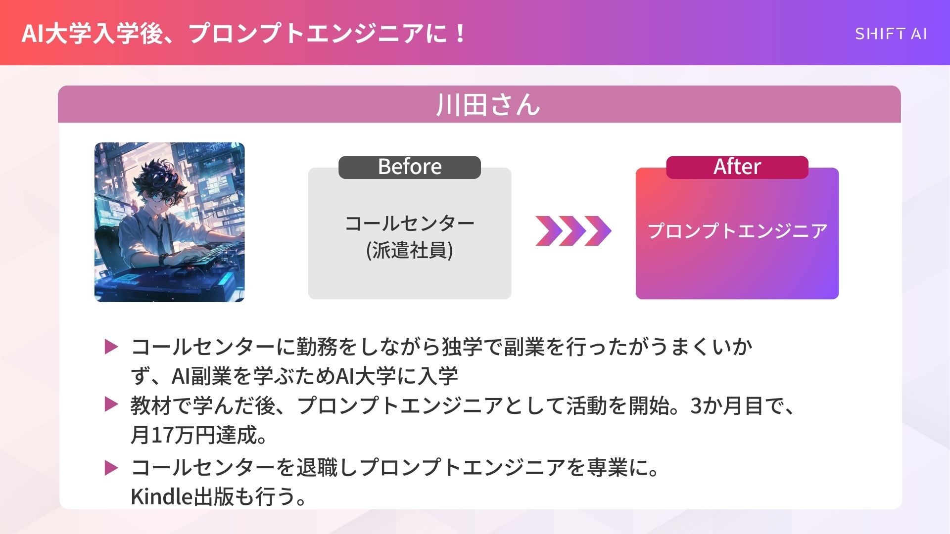 AIエンジニア副業の成功事例:元コールセンター派遣社員の川田さんがAI大学入学後にプロンプトエンジニアとして活動を開始し、3か月目で月17万円を達成して専業に転身。