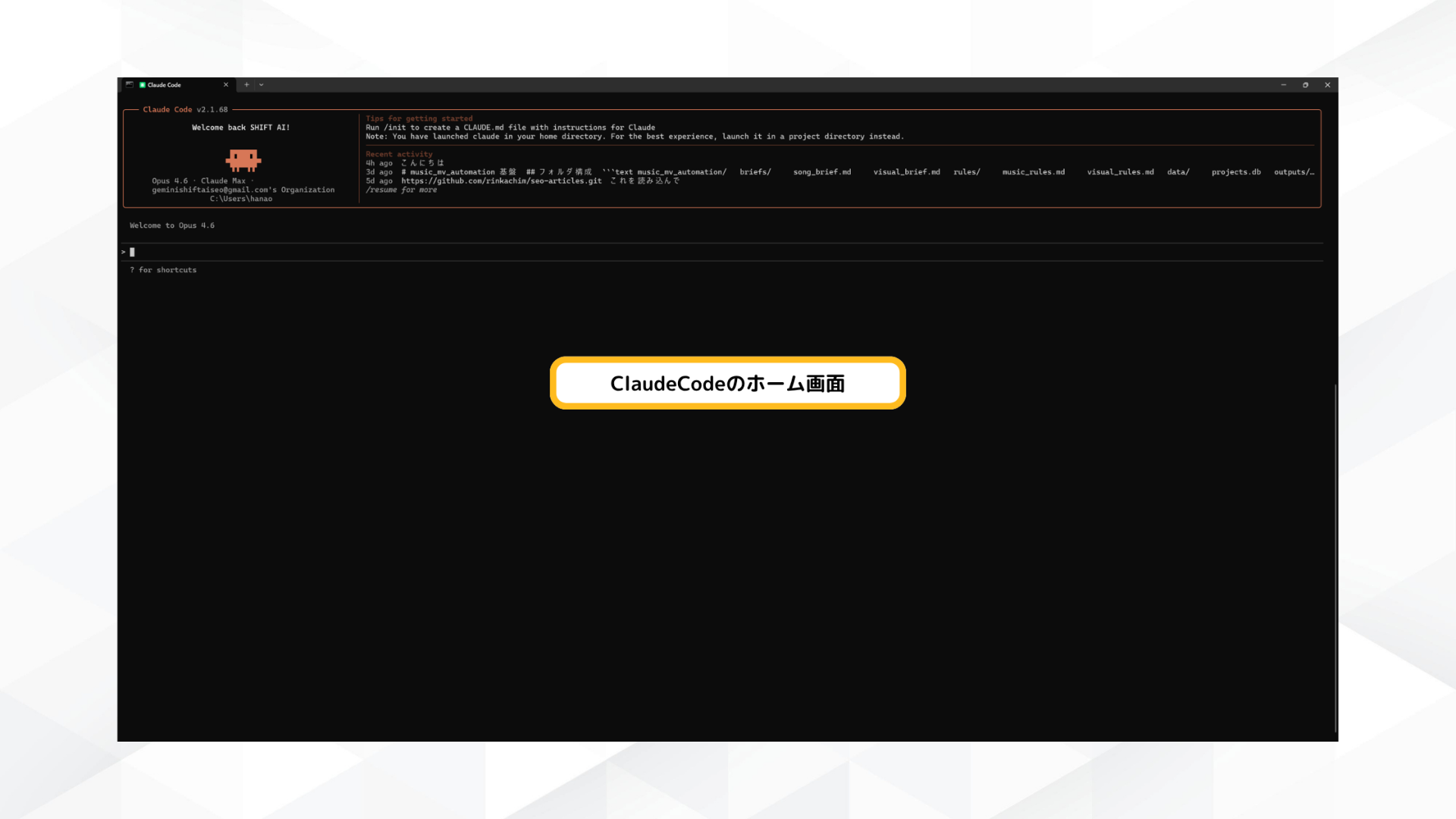 Claude Codeのログイン完了後の画面(Welcome画面とコマンド入力待機状態)