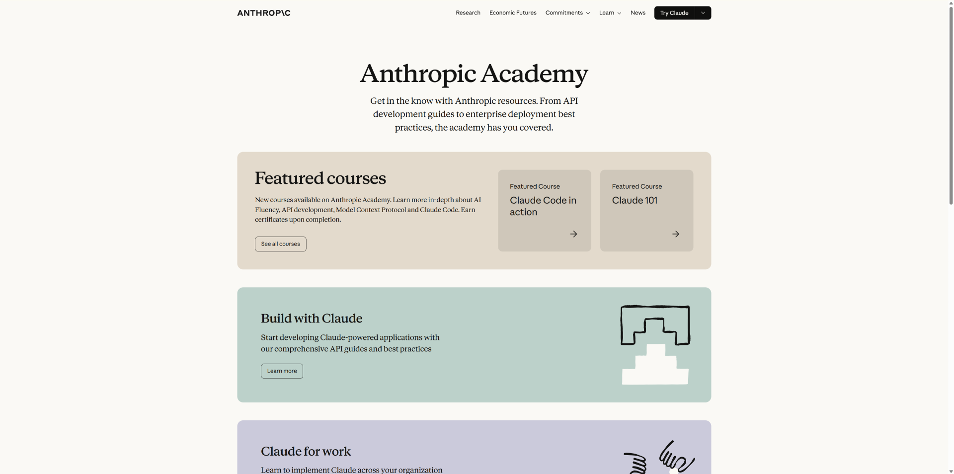 Anthropic Academyの公式コース一覧ページのスクリーンショット