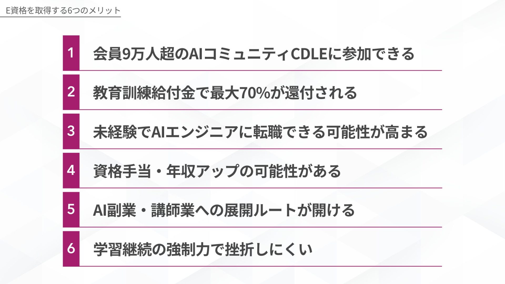 E資格を取得する6つのメリット（CDLEコミュニティ参加・教育訓練給付金・AI転職・資格手当・副業展開・学習継続の強制力）
