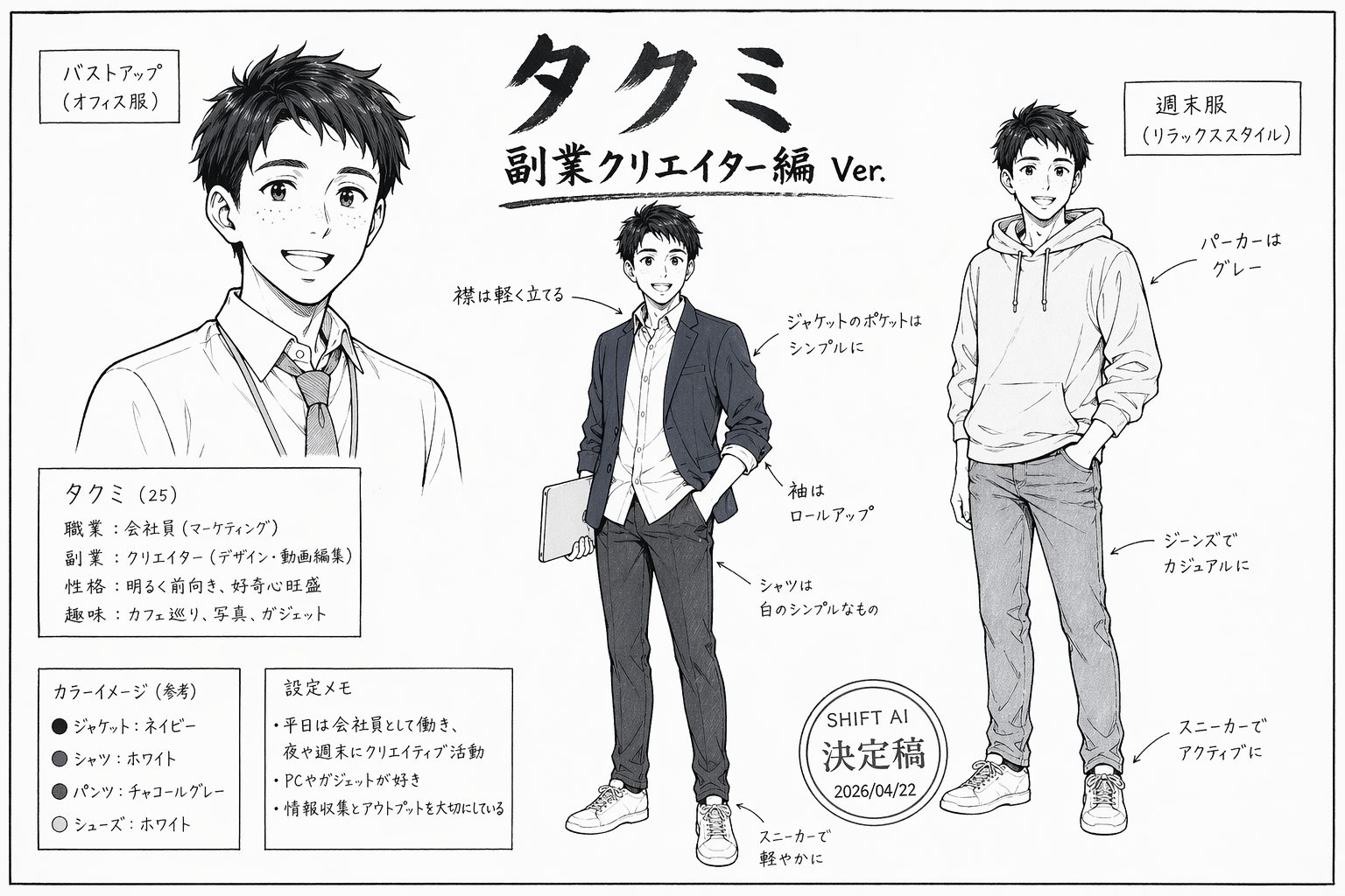 ChatGPT Images 2.0で生成したキャラ設定書：アニメ制作風のキャラモデルシートの例