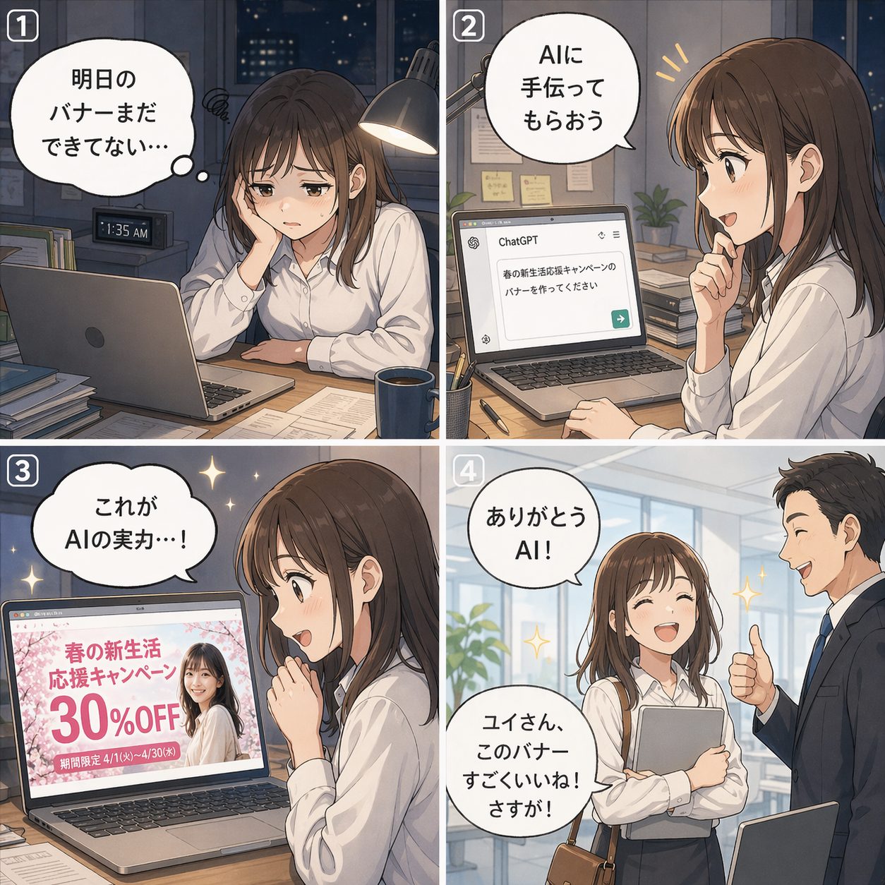 ChatGPT Images 2.0で生成した4コマ漫画：起承転結のショート漫画の例