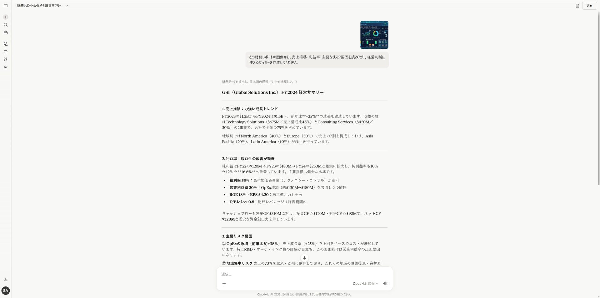 Claude Opus 4.6が財務レポート画像を分析しサマリーを生成した結果