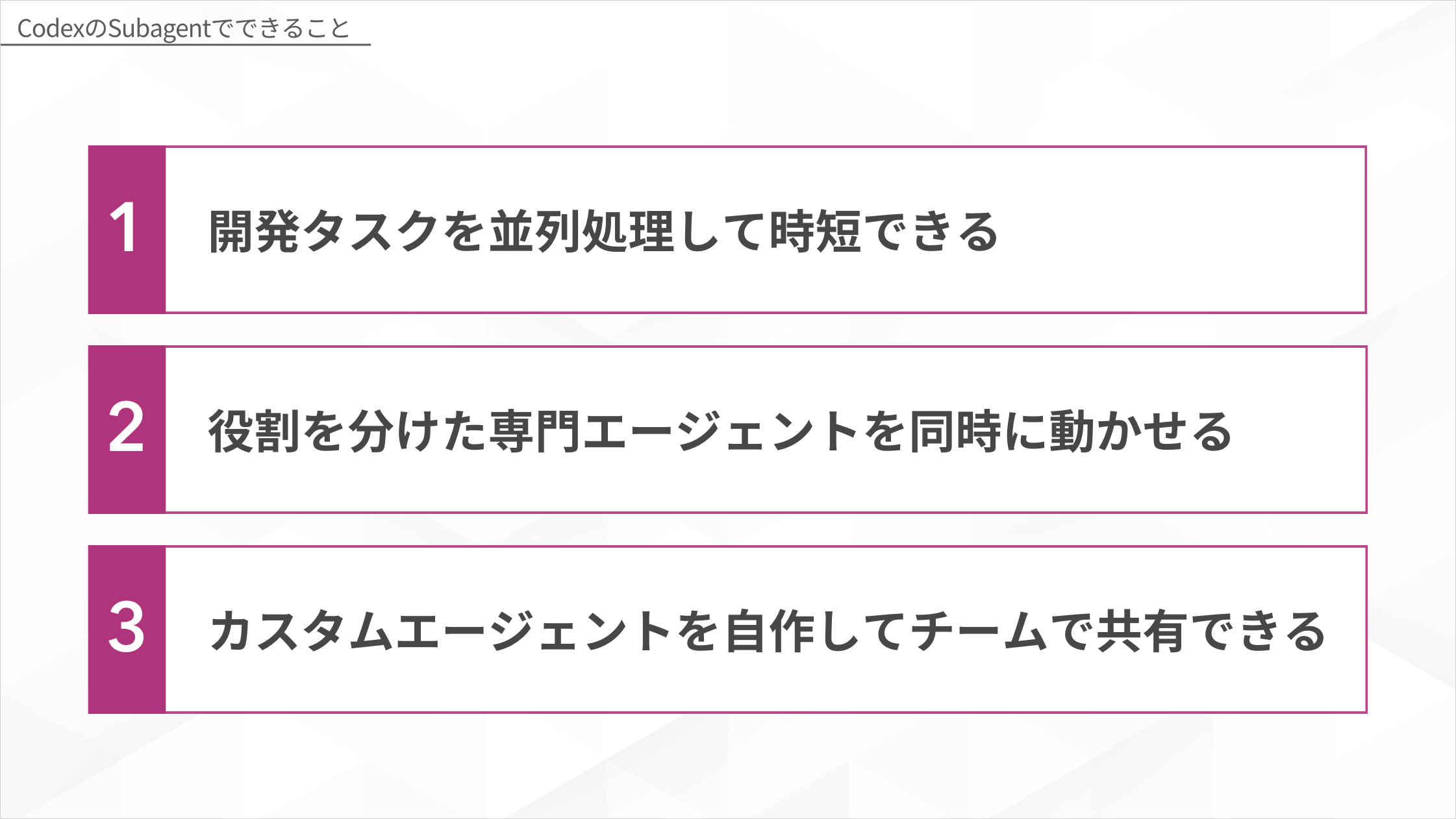 CodexのSubagentでできること — 開発タスクを並列処理して時短・役割を分けた専門エージェントを同時に動かす・カスタムエージェントを自作してチームで共有