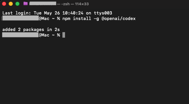 Macでターミナルを開いて「npm install -g @openai/codex」のコマンドを実行した結果