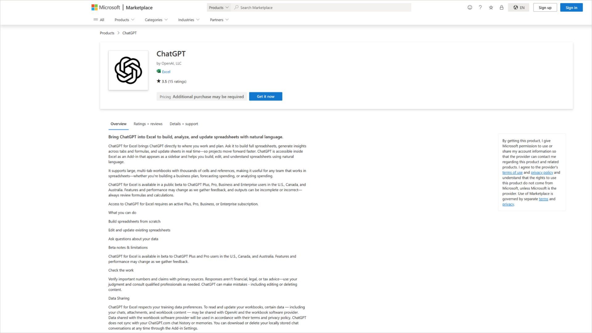 Microsoft MarketplaceにあるChatGPT for Excelのインストール画面