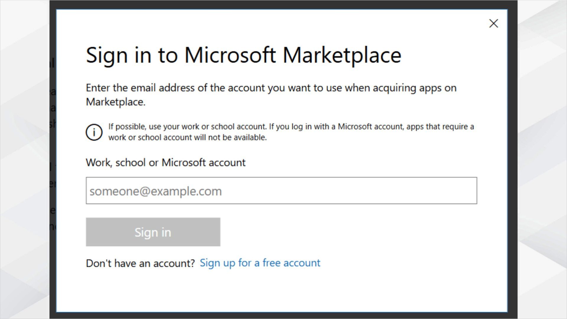 Microsoft Marketplaceへのサインイン画面で職場アカウントを入力する画面