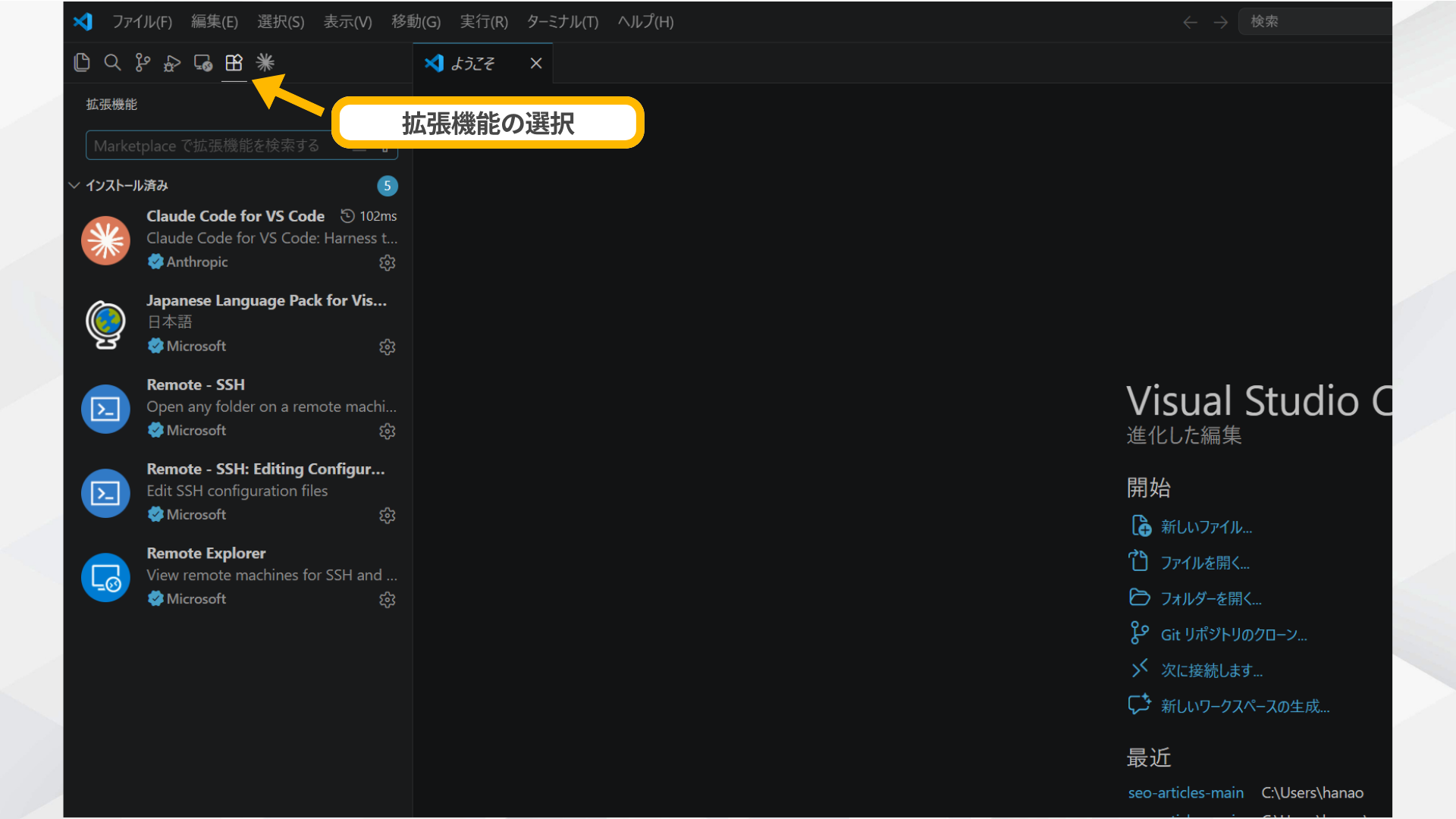 Ctrl+Shift+XでVSCode Marketplaceを開いた画面