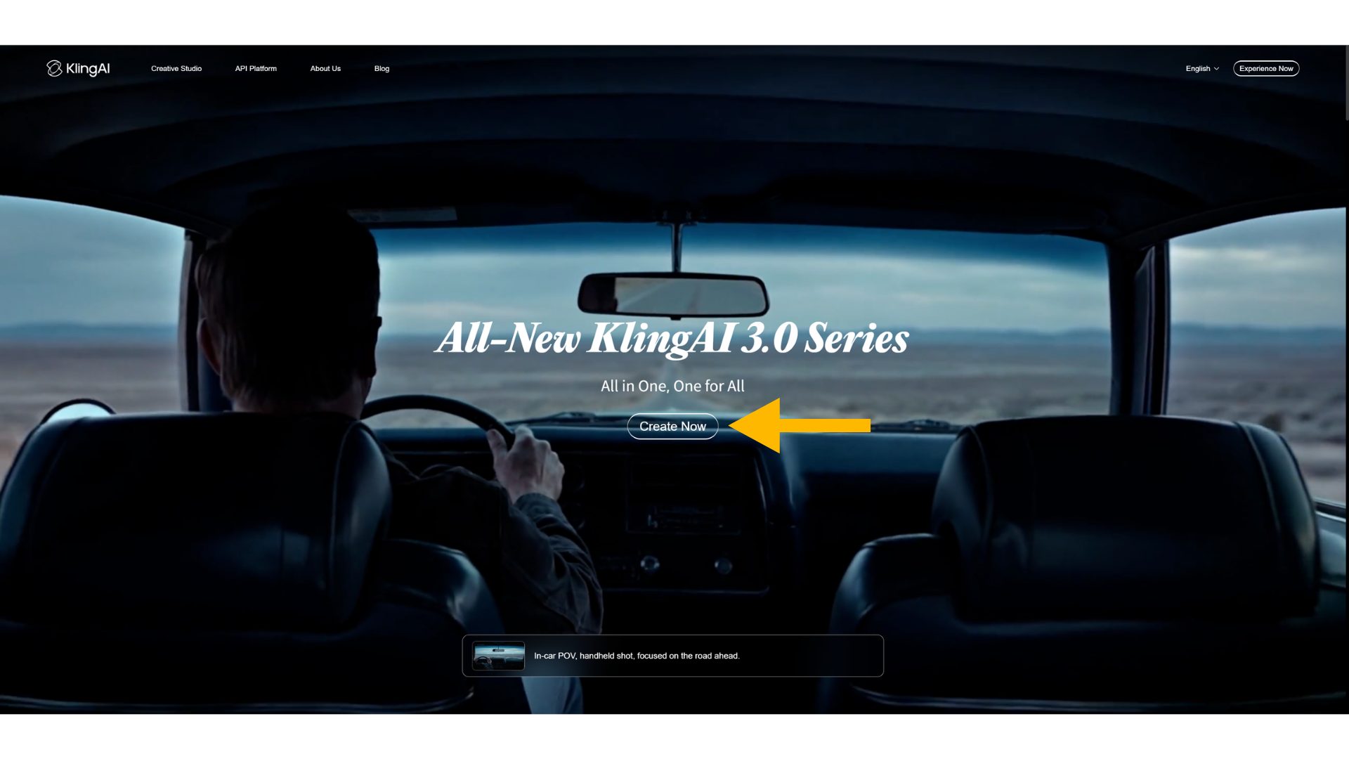 Kling AIのトップページ。「Create Now」ボタンが表示されている