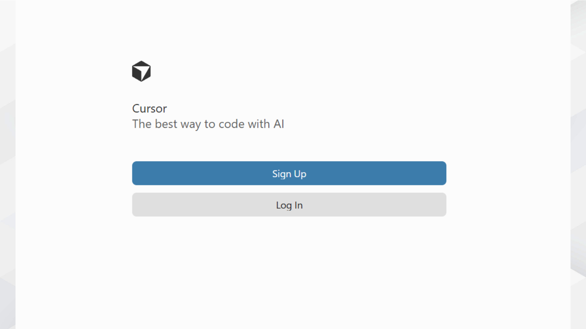 Cursor起動後の初期画面。Sign UpまたはLog Inを選択する