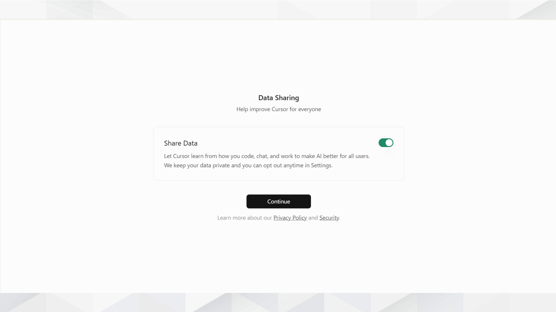 CursorのData Sharing設定画面。データ共有の可否を選択する