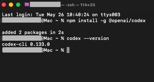 Macでターミナルを開いて「codex --version」のコマンドを実行した結果