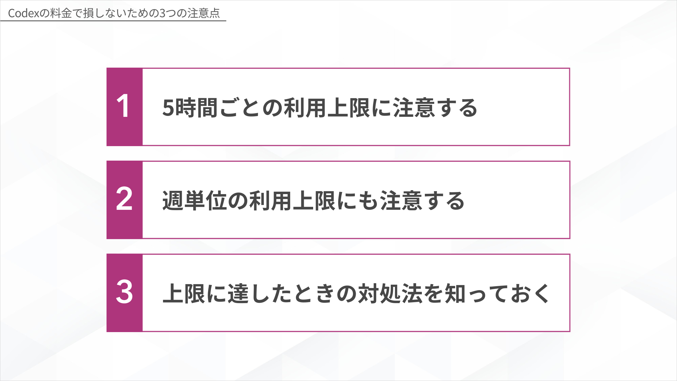 Codexの料金で損しないための3つの注意点|5時間上限・週次上限・上限到達時の対処法図解