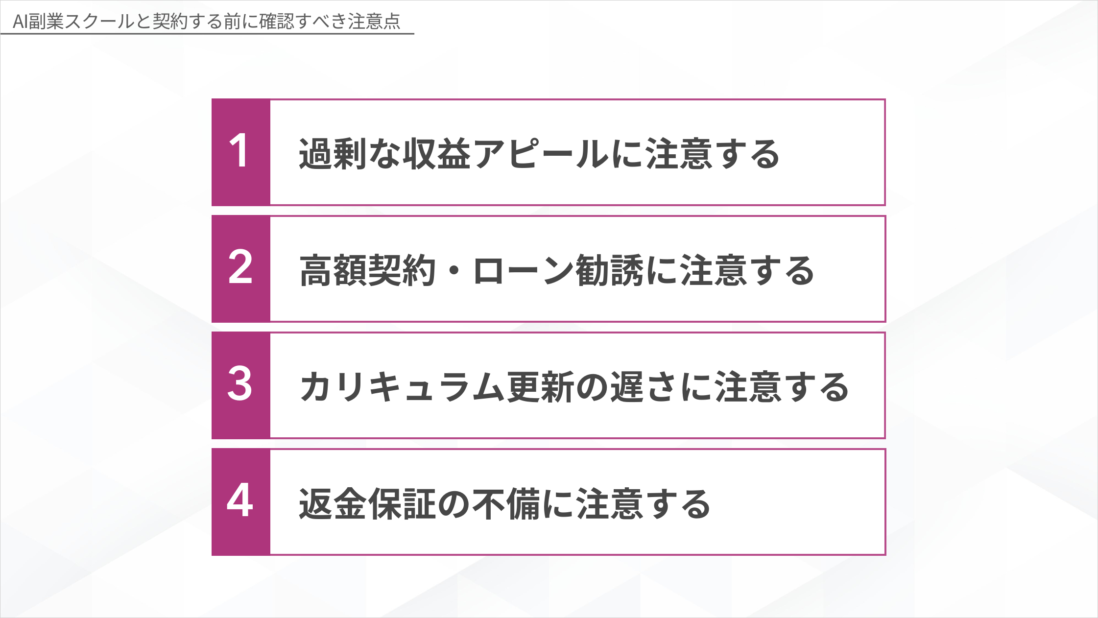 AI副業スクールと契約する前に確認すべき4つの注意点（過剰収益アピール・高額契約ローン勧誘・カリキュラム更新の遅さ・返金保証の不備）を示した図解