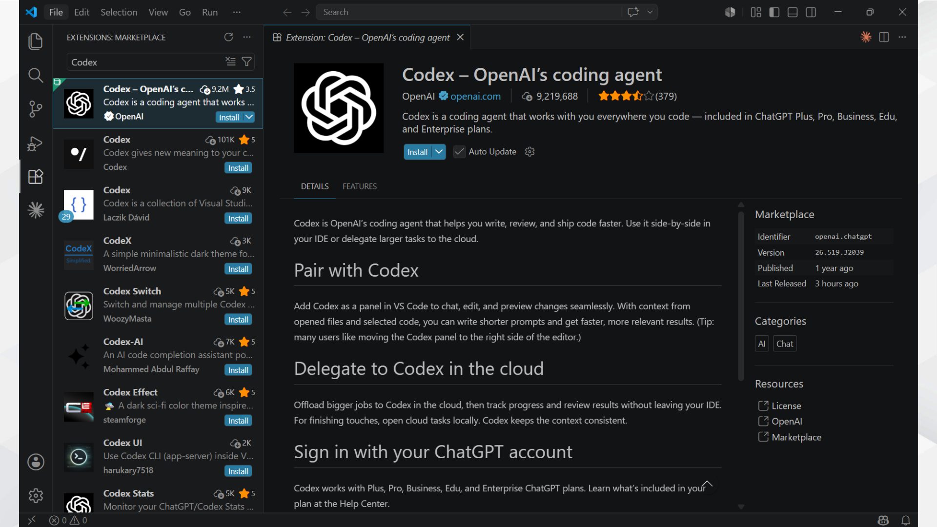VSCodeでCodex拡張機能を使ってタスクを指示している画面