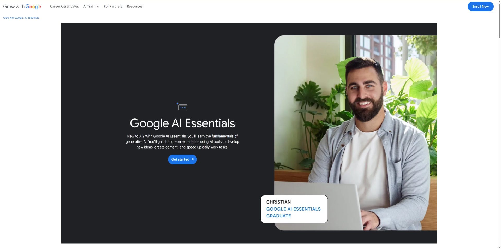 Grow with GoogleのGoogle AI Essentials紹介ページ。コースの概要と受講者インタビュー写真。