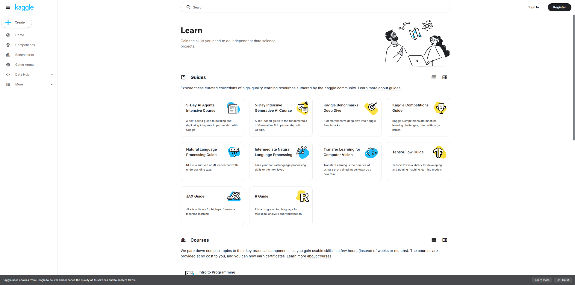 Kaggle Learnのガイド＆コース一覧ページ。Intro to Programmingから上級AIコースまでハンズオン教材が並ぶ画面。