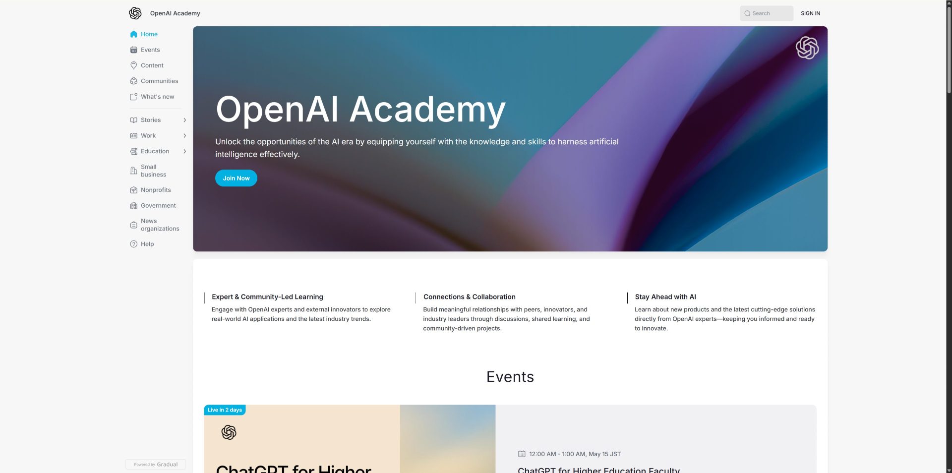 OpenAI Academyのトップ画面。Expert & Community Led Learning・Connections & Collaboration・Stay Ahead with AIの3セクションと最新イベント一覧。