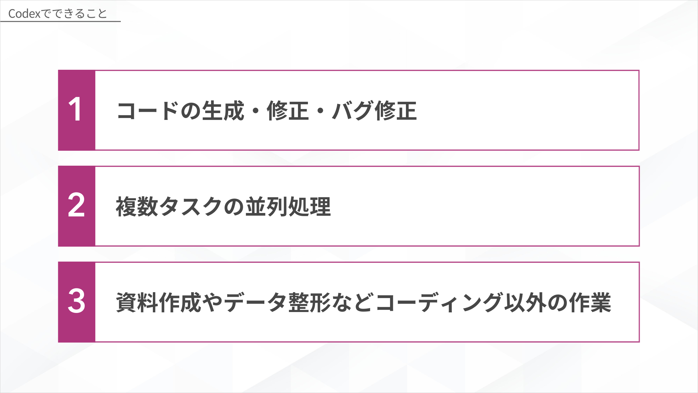 Codexでできること3つの図解。コードの生成・修正・バグ修正、複数タスクの並列処理、資料作成やデータ整形などコーディング以外の作業